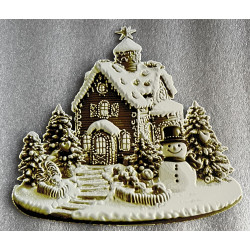 3D Weihnachtsdeko mit Winterhäuschen, Schneemann und verschneiten Tannen