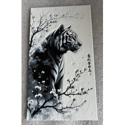 3D-Wandbild mit Tiger im Blütenwald in Schwarz-Weiß