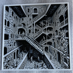 Escher-inspiriertes 3D-Wandbild mit komplexem Treppenlabyrinth