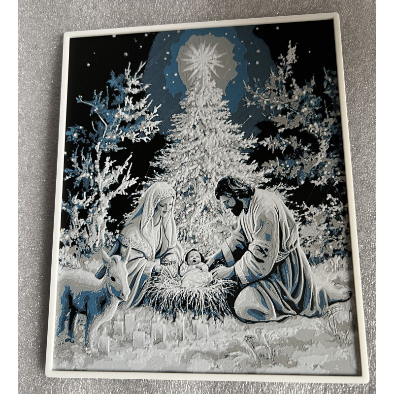 Weihnachtskrippe im Winterwald als 3D-Hueforge-Wandbild