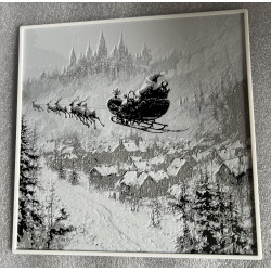 Monochromes Weihnachts-Wandbild mit Santa im Rentierschlitten über einer Winterstadt