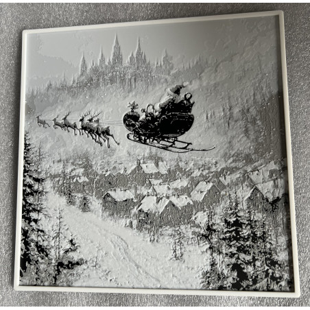 Monochromes Weihnachts-Wandbild mit Santa im Rentierschlitten über einer Winterstadt