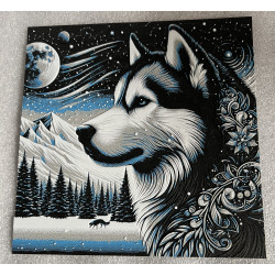 3D-Wandbild mit Husky vor verschneiter Winterlandschaft und Sternenhimmel