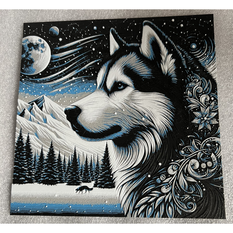 3D-Wandbild mit Husky vor verschneiter Winterlandschaft und Sternenhimmel