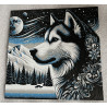 3D-Wandbild mit Husky vor verschneiter Winterlandschaft und Sternenhimmel