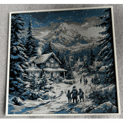 3D-Winterbild mit verschneitem Bergdorf, Familie und Bergkulisse