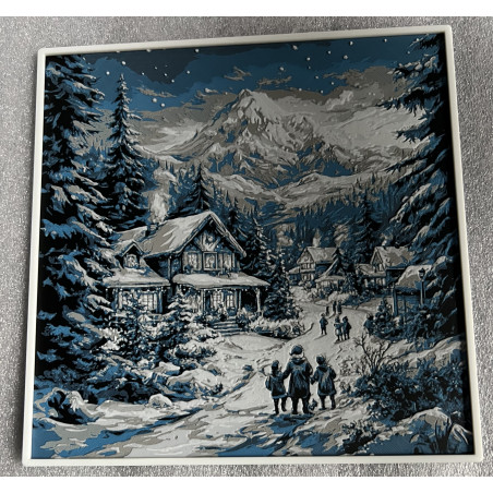 3D-Winterbild mit verschneitem Bergdorf, Familie und Bergkulisse