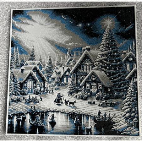 Winterliches Dorf mit See – 3D Wandbild