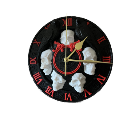 Runde schwarze Halloween Wanduhr mit roten römischen Ziffern, goldfarbenen Zeigern und weißen Totenkopf-Reliefs