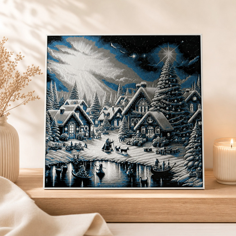 Winterliches Dorf mit See – 3D Wandbild Winterdorf