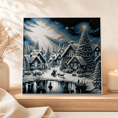 Winterliches Dorf mit See – 3D Wandbild Winterdorf