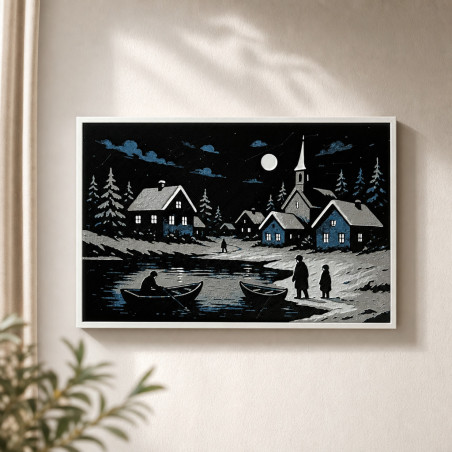 Mondnacht am Fluss – Winterliches Dorf – 3D Wandbild Winterdorf