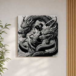 Drachenkriegerin – Asiatische Fantasy-Kunst – 3D-Wandbild mit Drachen