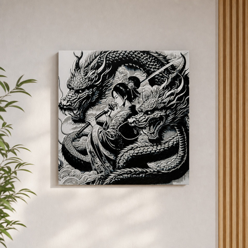 Drachenkriegerin – Asiatische Fantasy-Kunst – 3D-Wandbild mit Drachen