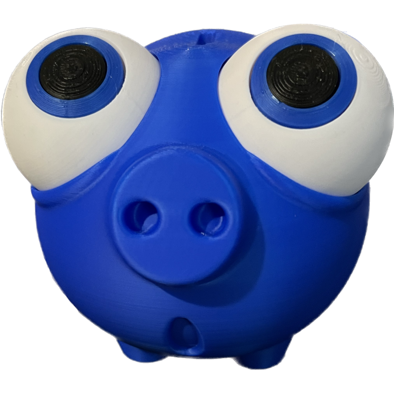 Blaues Sparschwein mit großen Augen und Drehverschluss