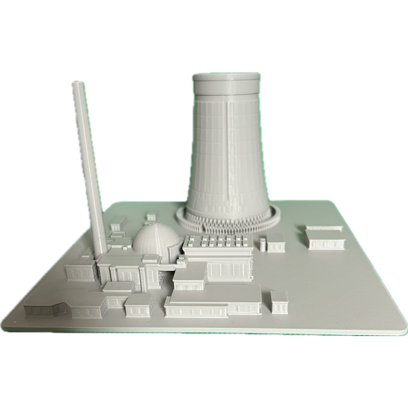 Modell des Kernkraftwerks Isar 2 mit Kühlturm und Gebäuden