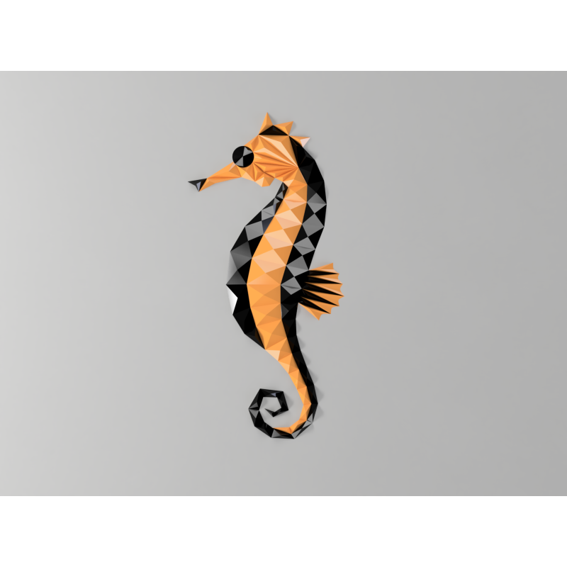 Geometrisches Seepferd in Schwarz und Orange als 3D-Wanddeko