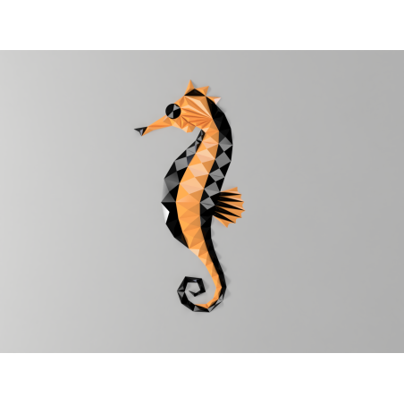 Geometrisches Seepferd in Schwarz und Orange als 3D-Wanddeko