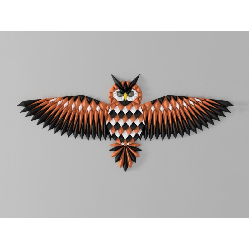 Geometrische 3D-Eule als moderne Wanddekoration in Orange, Schwarz und Weiß