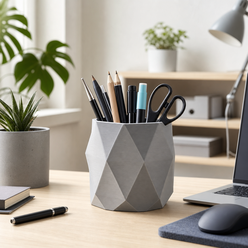 3D-gedruckter Stiftehalter aus PLA mit Stiften und Büroartikeln auf einem aufgeräumten Schreibtisch