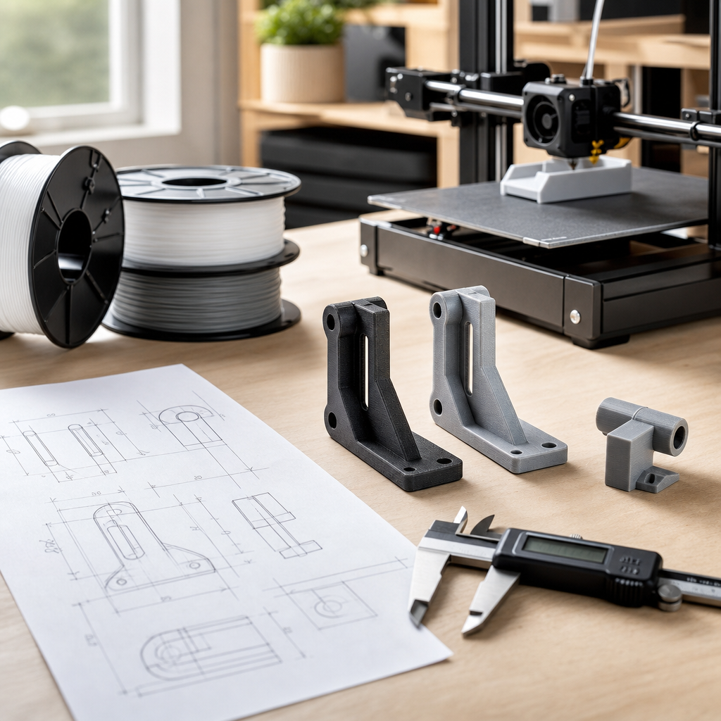 Bemaßte Skizze, Messschieber und Halterungsprototyp zur Vorbereitung eines individuellen 3D-Drucks