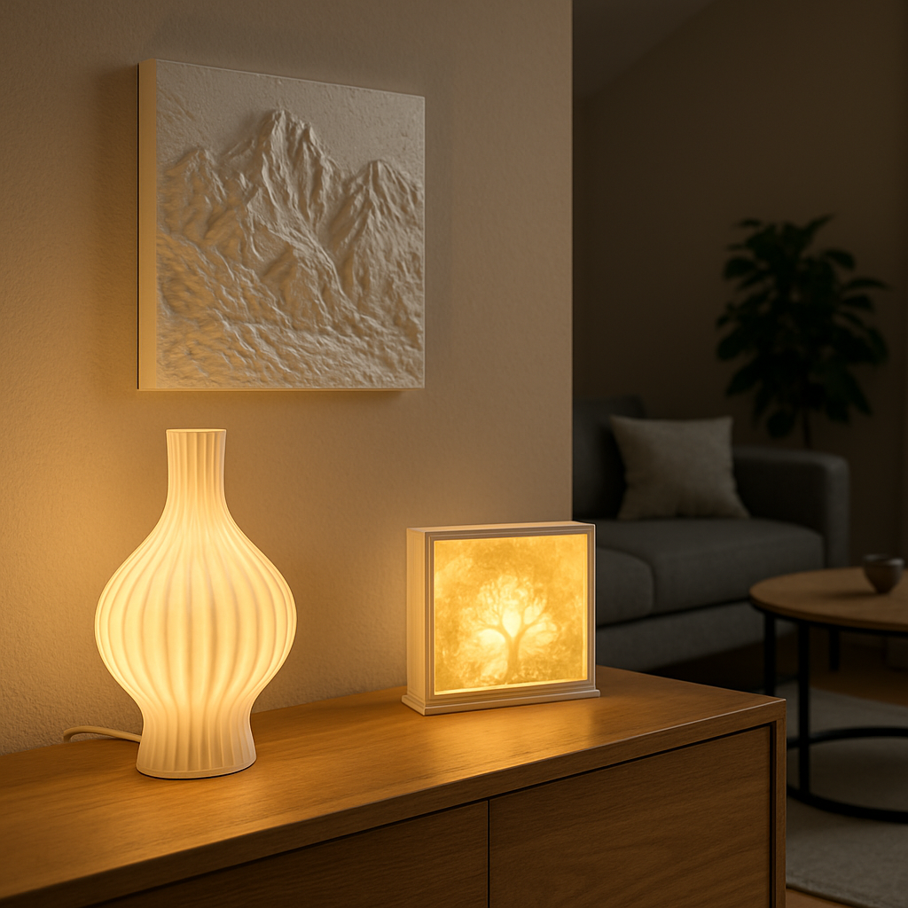 3D-gedruckte Lichtdeko mit Lampe, Litho und 3D-Bild in moderner Wohnumgebung