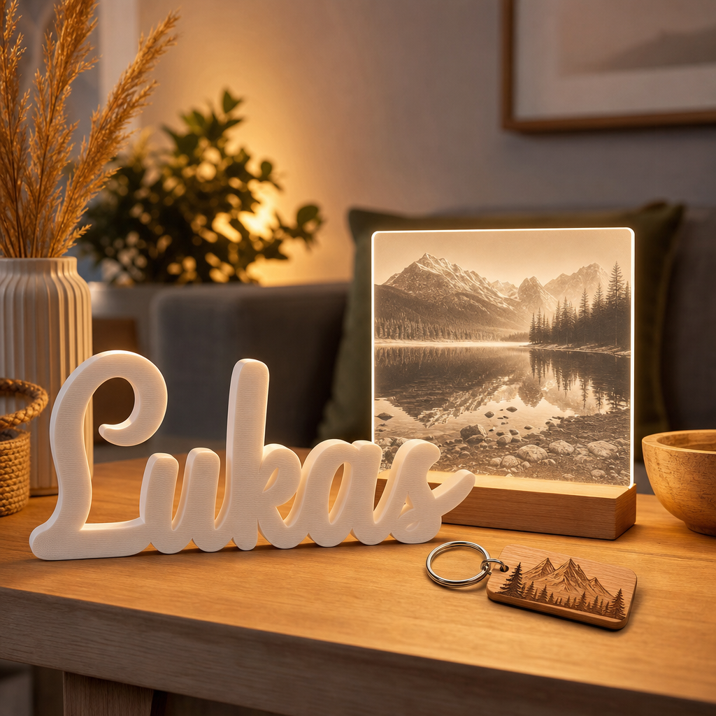 Personalisierte 3D-Geschenke mit Namensschriftzug, Fotolicht und graviertem Schlüsselanhänger