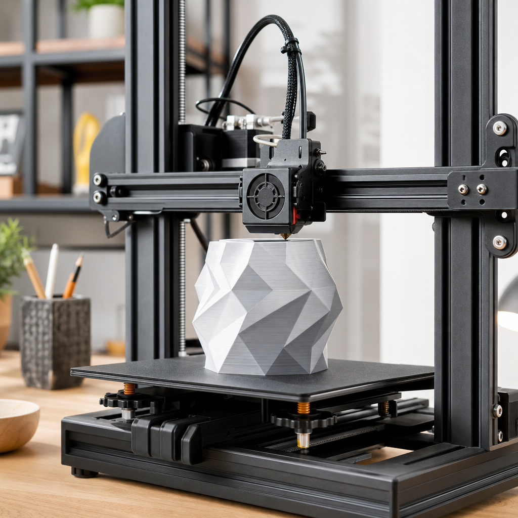 FDM-3D-Drucker fertigt ein geometrisches PLA-Objekt mit gleichmäßigen sichtbaren Schichtlinien