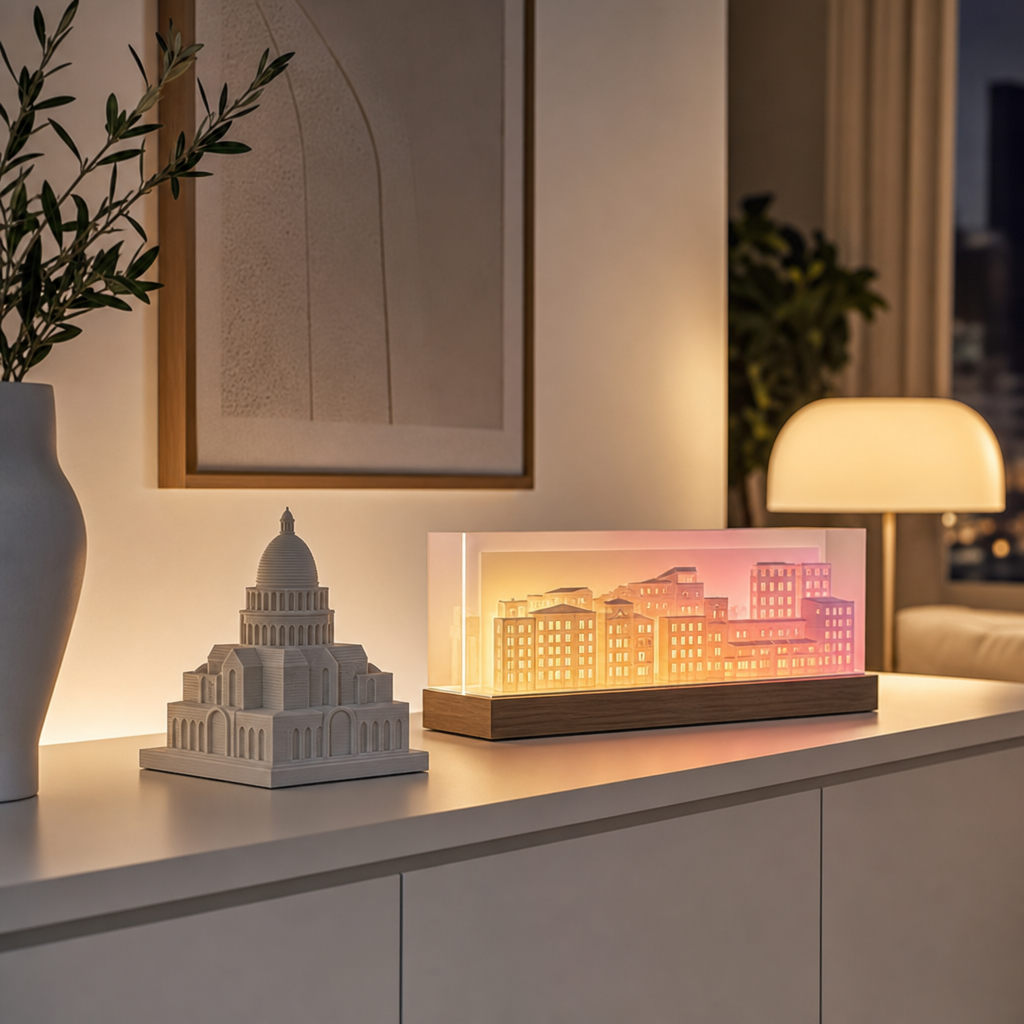 3D-gedruckte Architektur-Dekofigur und beleuchtetes Architekturmodell auf einem Sideboard