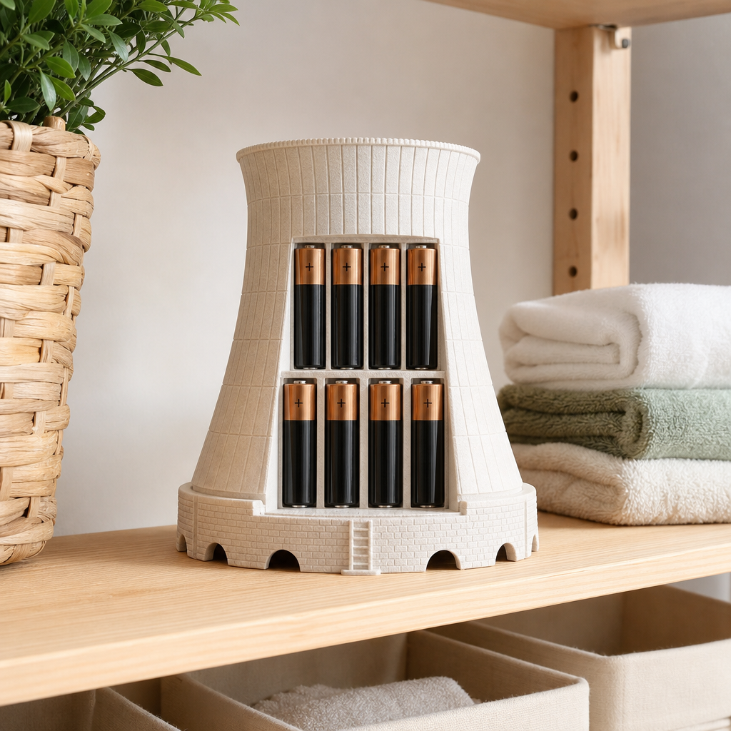 Dekorativer 3D-gedruckter Batteriehalter mit geordneten AA-Batterien auf einem Regal