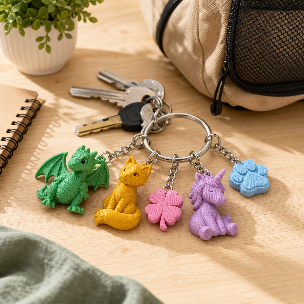 Verschiedene 3D-gedruckte Schlüsselanhänger aus PLA an einem Schlüsselring neben einem Rucksack