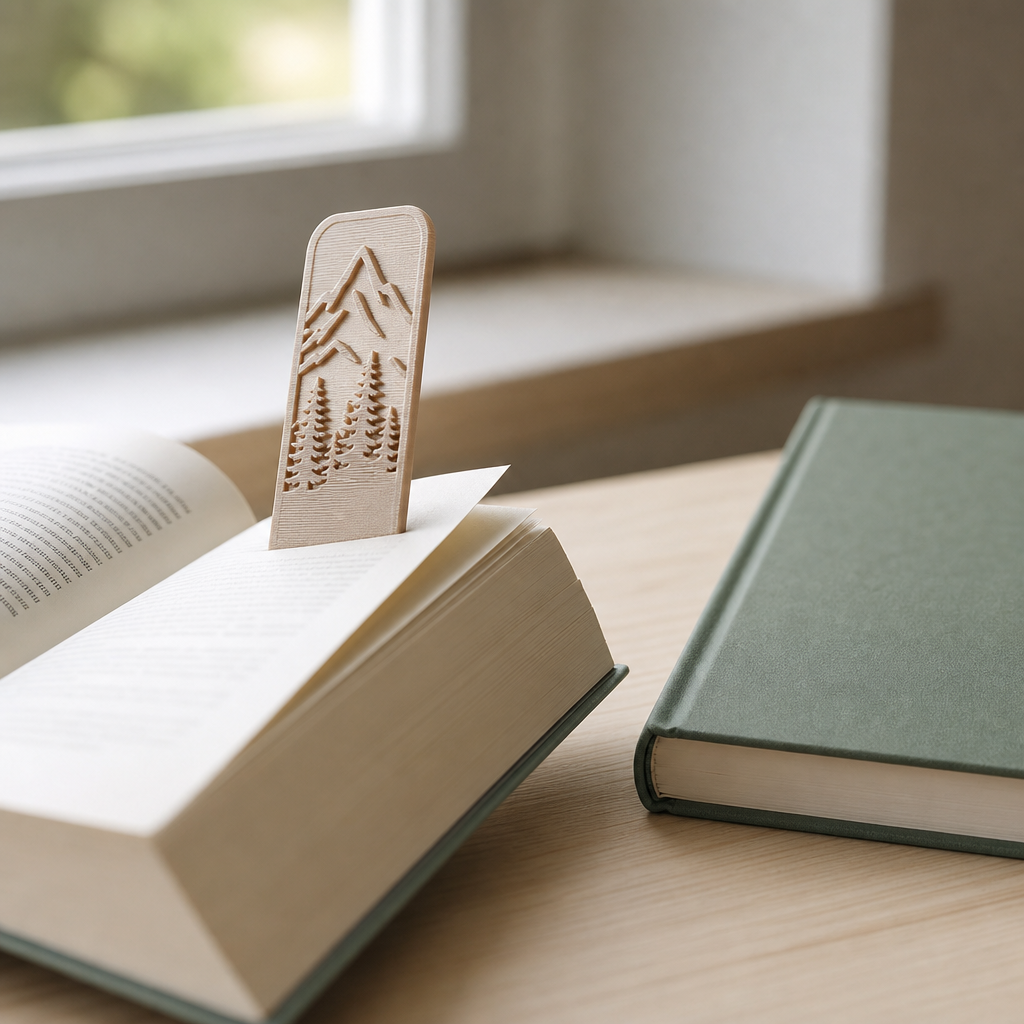 Flaches 3D-gedrucktes Lesezeichen mit sichtbarem Motiv in einem aufgeschlagenen Taschenbuch