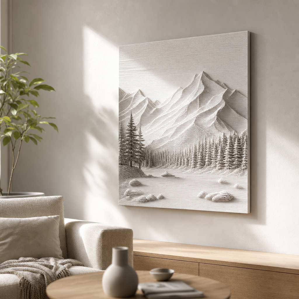 3D-gedrucktes Landschaftsbild an einer Wohnzimmerwand bei seitlichem Licht