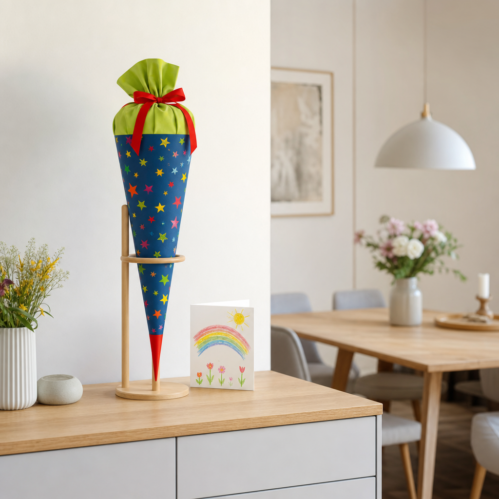 Schultüte auf einem Sideboard als Mittelpunkt eines schlichten Fotopunkts zur Einschulung