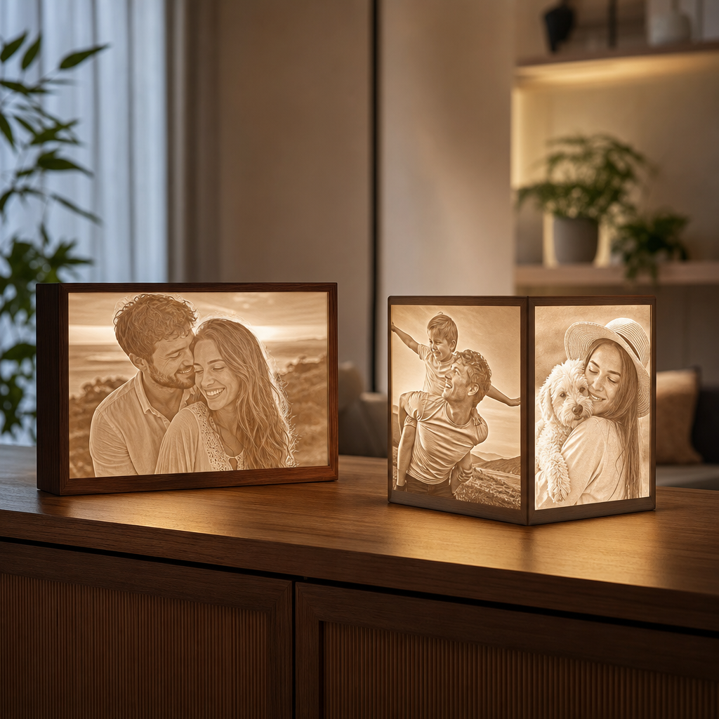Lithobox mit einem beleuchteten Paarfoto neben einer mehrseitigen Litholampe mit zwei sichtbaren Erinnerungsmotiven