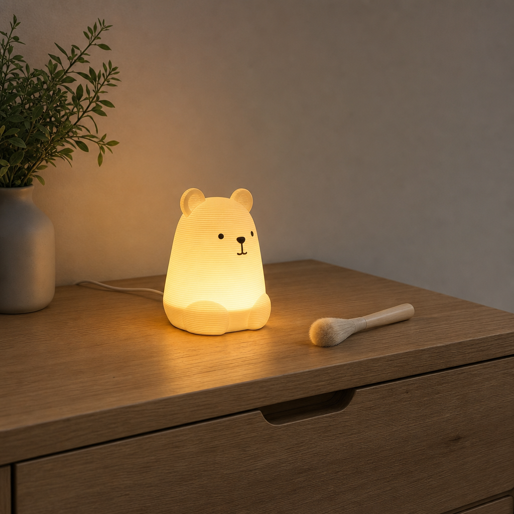 3D-gedrucktes Nachtlicht auf einer freien Kommode mit sanftem Licht, seitlich geführtem USB-Kabel und weichem Reinigungspinsel