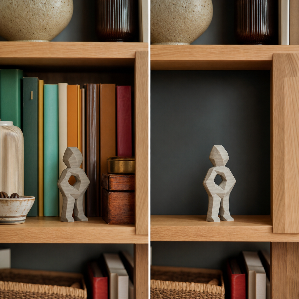 Dieselbe 3D-gedruckte Figur im Vergleich: zwischen bunten Büchern kaum erkennbar und vor ruhigem Hintergrund mit Freiraum deutlich sichtbar.