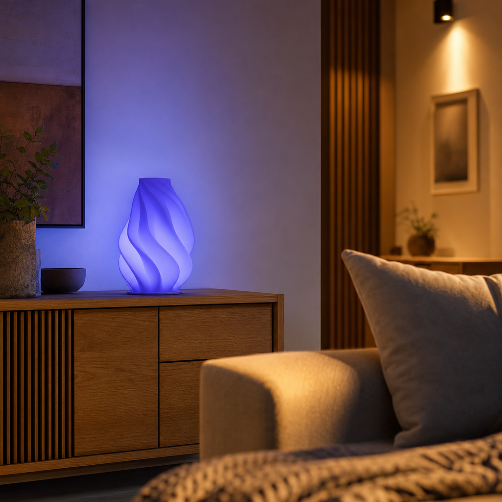 RGB-Dekolampe mit blau-violettem Licht als zurückhaltender Akzent auf einem Sideboard neben dem Sofa