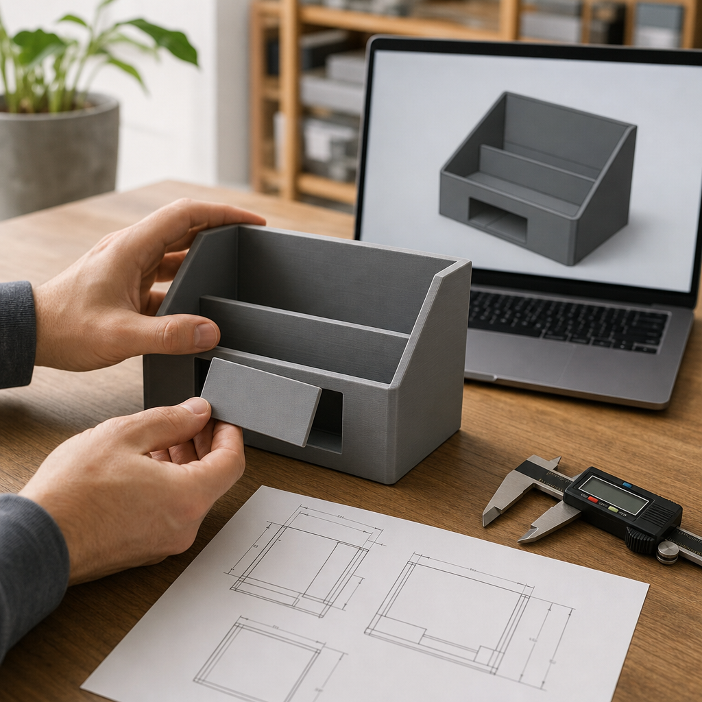 Bemaßte Skizze, Messschieber und gedruckter Ablage-Prototyp zur Prüfung eines 3D-Drucks nach Vorlage