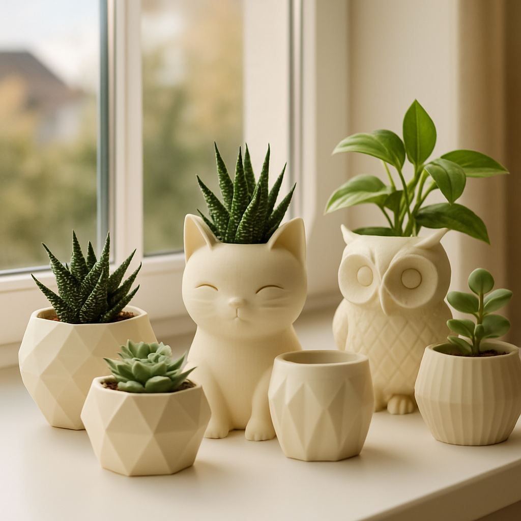 3D-gedruckte Pflanztöpfe und Übertöpfe mit kleinen Pflanzen auf einer Fensterbank