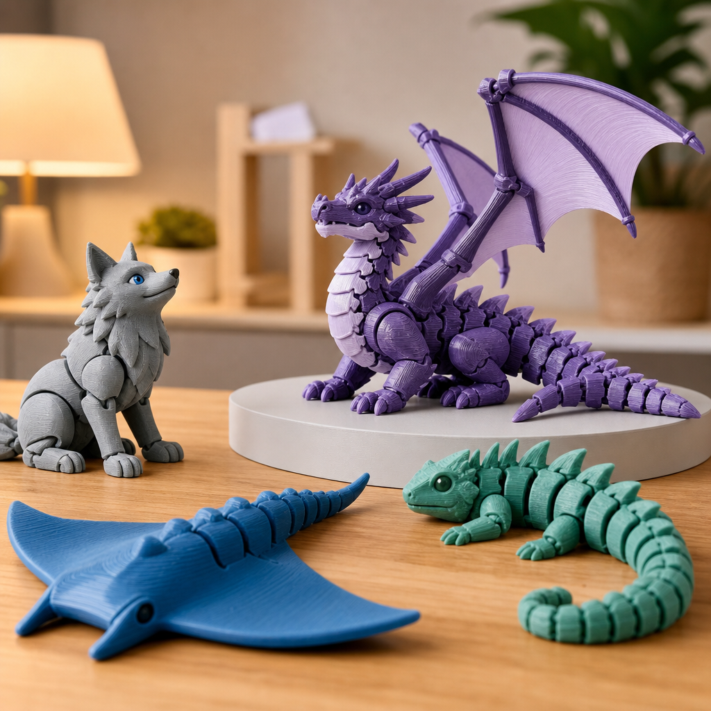 Bewegliche 3D-Druckfigur als dekorativer Drache mit segmentiertem Körper