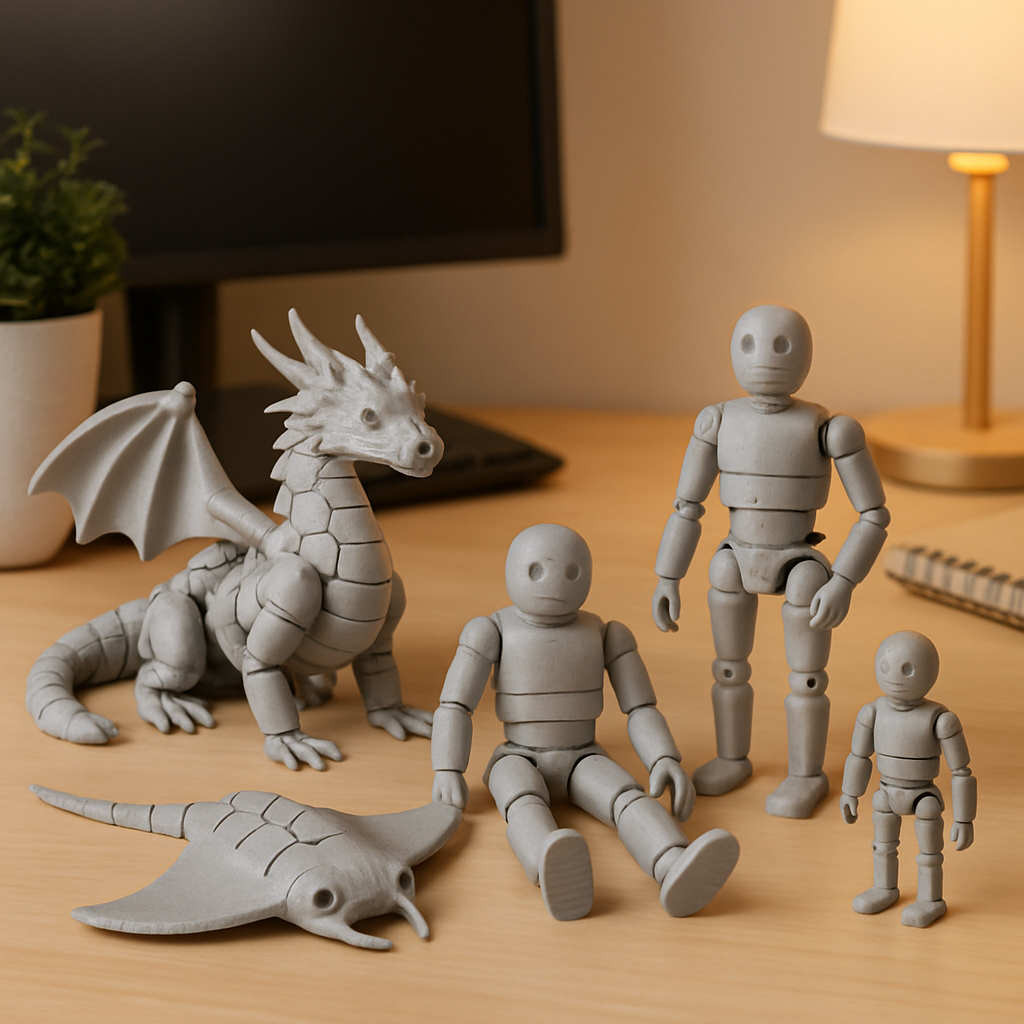 Bewegliche 3D-Druckfiguren wie Drache und Manta Rochen als dekorative PLA-Objekte