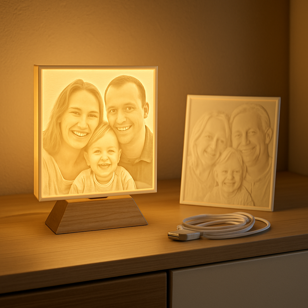Beleuchtete 3D-gedruckte Lithophanie mit Foto als persönliche LED-Dekoration