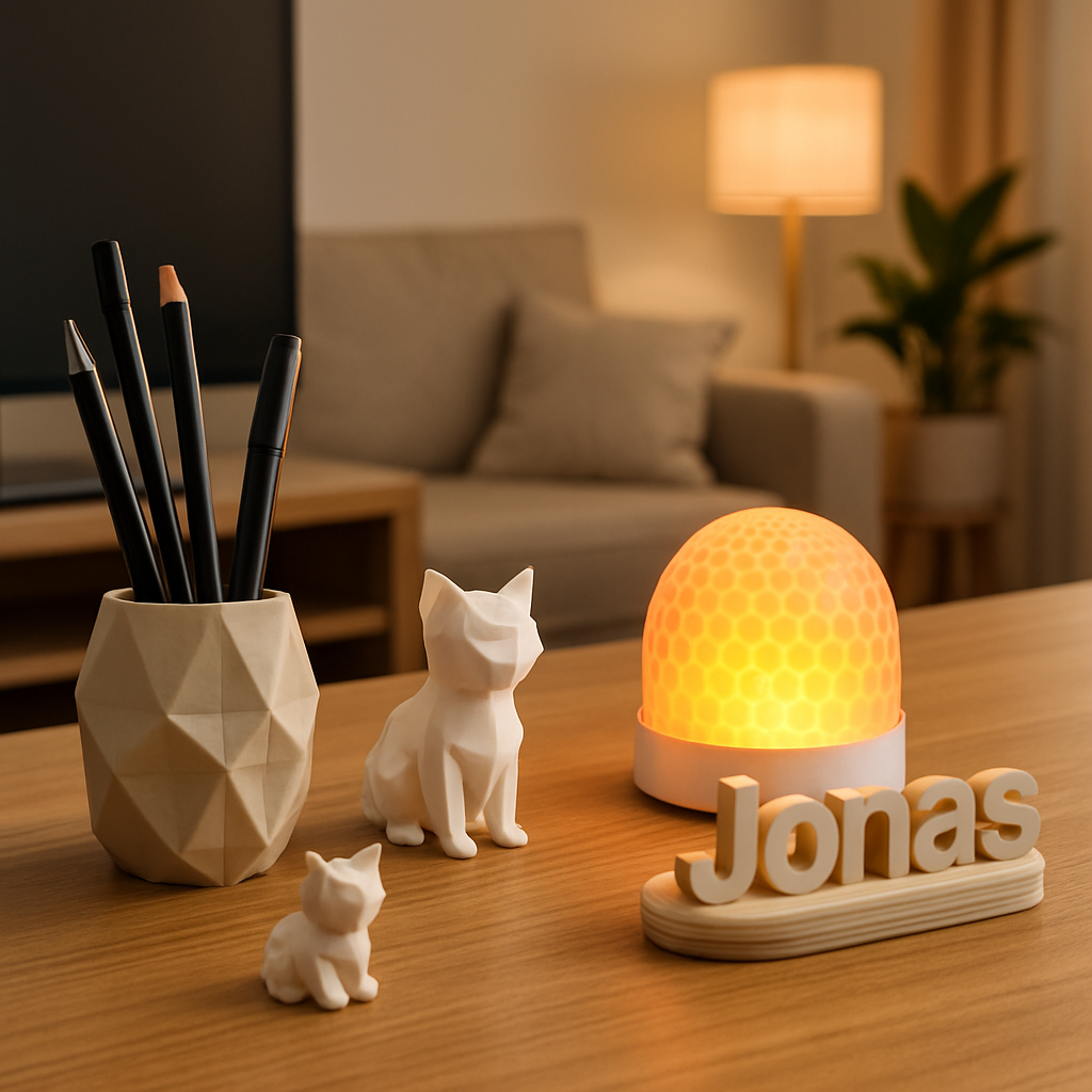 3D-gedruckte Tischdeko mit Stiftehalter, Dekofigur, Untersetzern und RGB-Lampe auf einem modernen Schreibtisch