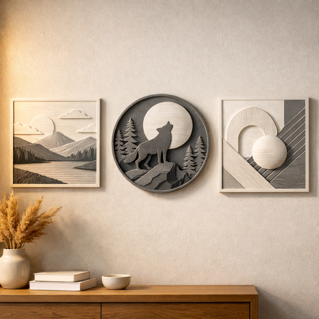 3D-gedruckte Wandbilder mit sichtbarer Schichtstruktur und Tiefenwirkung an einer modernen Innenwand