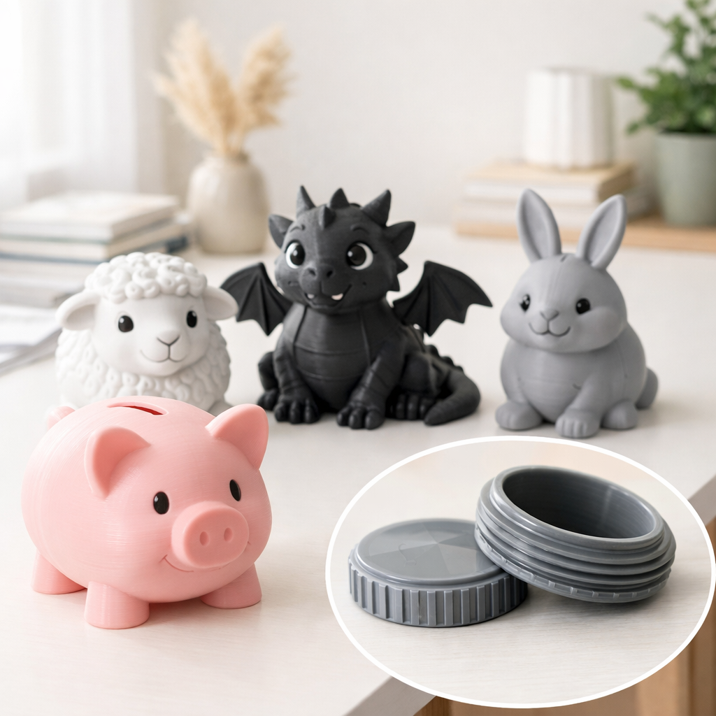 3D-gedruckte Spardosen aus PLA mit verschiedenen Motiven und Drehverschluss als Kaufberatung