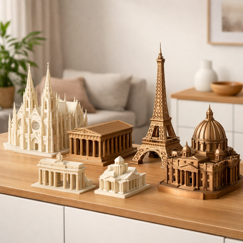 3D-gedruckte Architekturmodelle als dekorative Miniaturen auf einem modernen Sideboard