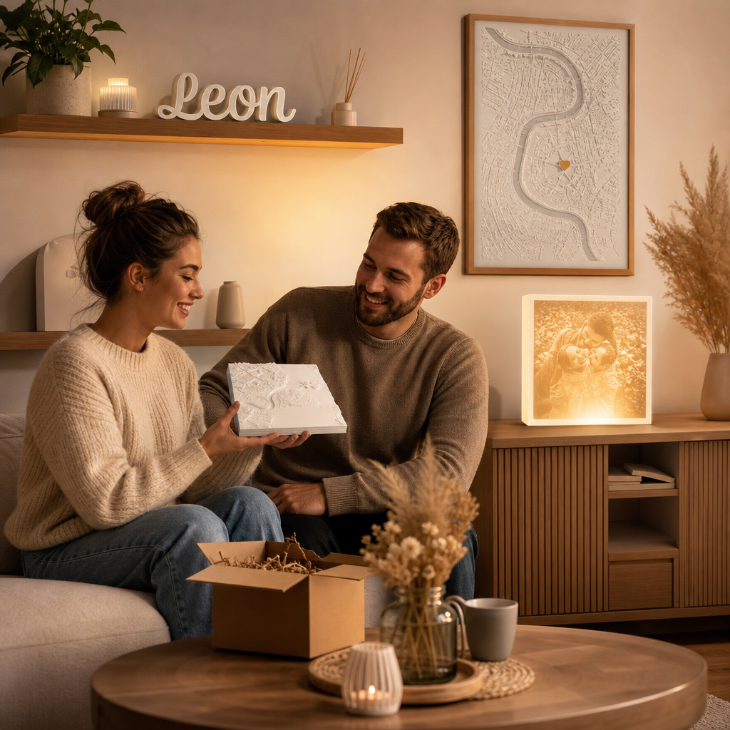 Personalisierte 3D-gedruckte Geschenkideen in einem modern dekorierten Wohnraum