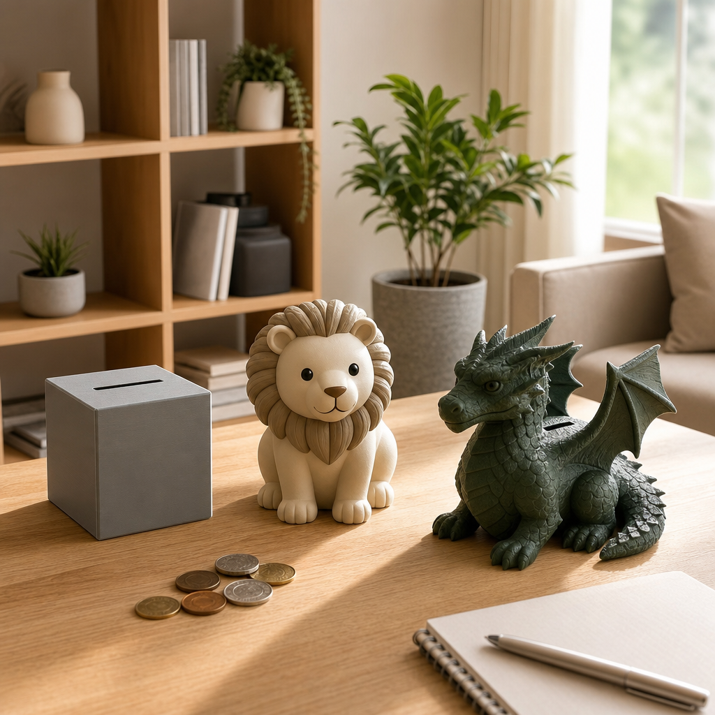 3D-gedruckte Spardosen auswählen: verschiedene Spardosenformen mit praktischem Drehverschluss für Alltag, Geschenk und Dekoration