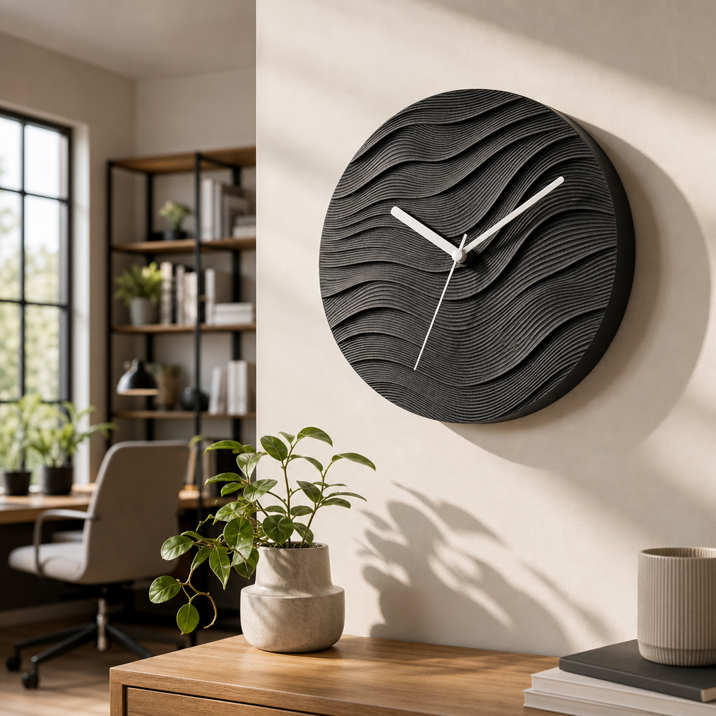 3D-gedruckte Wanduhr in modernem Innenraum mit klar sichtbaren Zeigern und plastischer Struktur